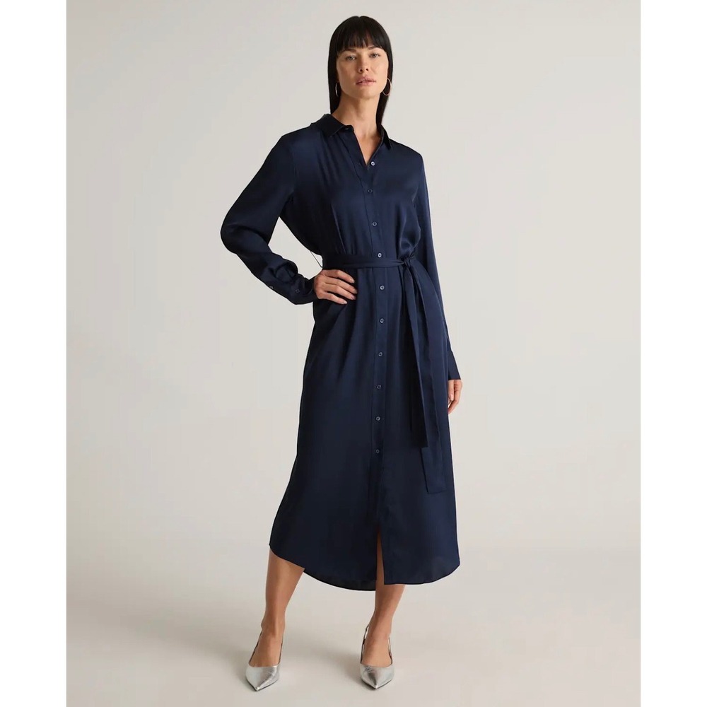 Quince Silk Navy Midi Shirt Dress Sz XS NWT‎